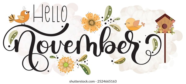 Hello November. NOVEMBER month vector decoration with flowers, birds and leaves. Illustration month November. Hello Autumn