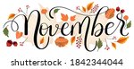 HELLO NOVEMBER. November month vector hand lettering with flowers and leaves. Floral decoration text. Decoration letters, Illustration November.