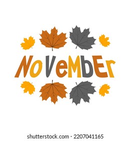 HOLA NOVIEMBRE. Mes de noviembre, grabado de vectores con flores y hojas. Texto de decoración floral. Cartas de decoración, Ilustración Noviembre.