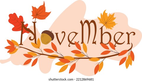 Hola, mes de noviembre, grabado de vectores con flores y hojas de otoño. Texto de decoración floral. Cartas de decoración, Ilustración Noviembre. Ilustración vectorial como afiche, postal y tarjetas.
