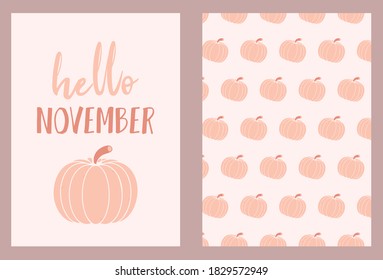 Hello November  Neutral  Boho Decor or Card for Thanksgiving Day with Cute Pumpkins Pattern