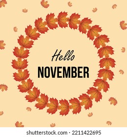 hello november text with autumn leaves background