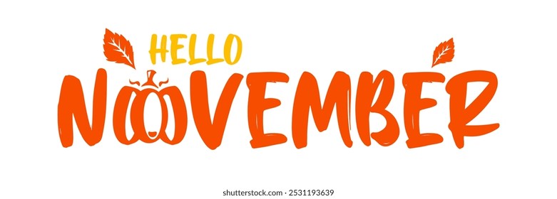 Hello November text with pumpkin isolated on transparent background. Hello November sticker png, label png, banner, poster design template