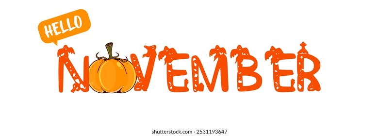 Olá novembro texto com abóbora isolada no fundo transparente. Hello November sticker png, etiqueta png, banner, modelo de design de pôster