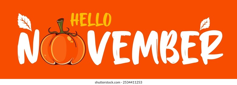 Hello November text with pumpkin isolated on orange background. Hello November sticker, label png, banner, poster design template