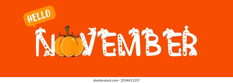 Hello November text with pumpkin isolated on orange background. Hello November sticker, label png, banner, poster design template