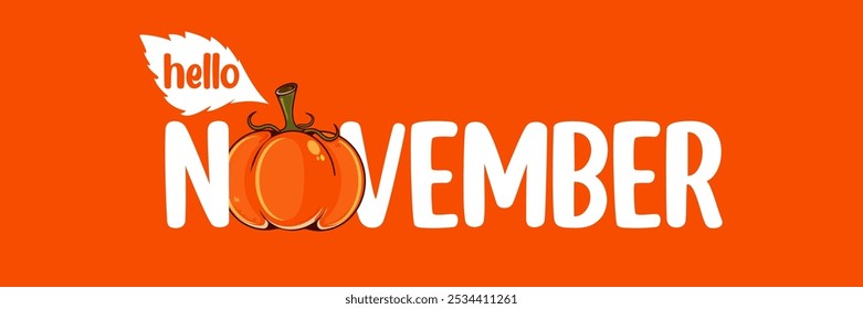 Hello November text with pumpkin isolated on orange background. Hello November sticker, label png, banner, poster design template