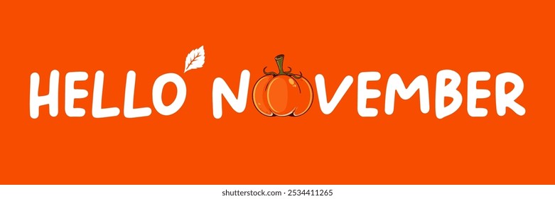 Hello November text with pumpkin isolated on orange background. Hello November sticker, label png, banner, poster design template