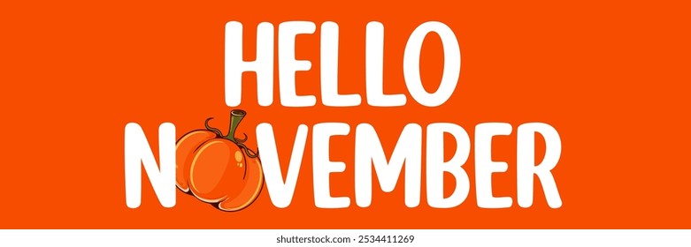 Hello November text with pumpkin isolated on orange background. Hello November sticker, label png, banner, poster design template