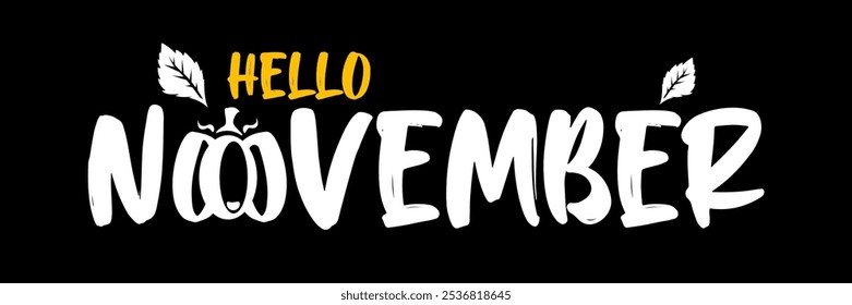 Olá novembro texto com abóbora isolada no fundo preto. Hello November adesivo, etiqueta png, banner, modelo de design de pôster