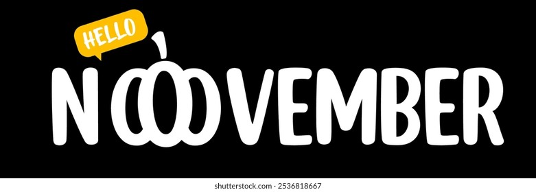 Hello November text with pumpkin isolated on black background. Hello November sticker, label png, banner, poster design template