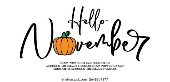 Hallo November Text mit Kürbis mit weißem Hintergrund Hallo November Aufkleber Design Vorlage Vektor Illustrator Design 