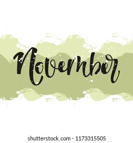 Hello November time, isolated, label, pattern design words. Vector illustration of Cup and autumn elements.