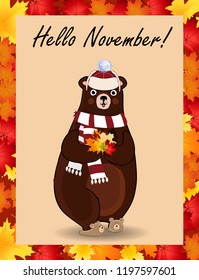 Hello november typography design card. Vector cartoon character illustration of cute bear in white knitted scarf and hat holding maple leaves bouquet in paws framed with colored autumn border frame.