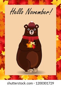 Hello november typography design card. Vector cartoon character illustration of cute bear in red knitted scarf and hat holding maple leaves bouquet in paws framed with colored autumn border frame.
