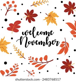 Hello November vector. November with autumn vibe. Handwritten month November for calendar, monthly logo, bullet journal or monthly organizer. 