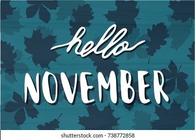 Hello November. Vector illustration with hand drawn lettering and textured background