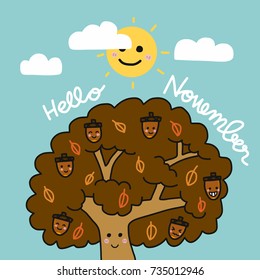 Hello November word and chestnut tree cartoon vector illustration