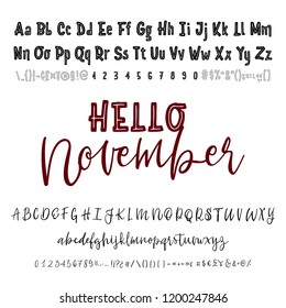 Hello November word. Hand drawn typeface set isolated on white. Vector logo font. Typography alphabet for your designs: logo, typeface, card, wedding invitation.