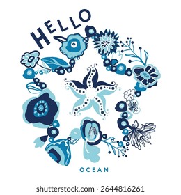 Hello ocean lettering with floral ocean starfish illustration. Botanical sea star artwork hand drawn blue ocean flowers inspired summer illustration. apparel, print, poster, stickers