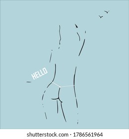 Hello ocean or sea idea. Girl in bikini and inscription. Summer vacation concept. Vector illustration.