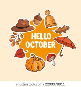 Hello October. Autumn card with leaves and autumn clothes. Flat style vector illustration.