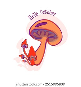 Hello October. Hello autumn. Template with colorful mushrooms and modern hand lettering. Sketch, design elements. Vector illustration suitable for card, banner, poster