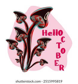 Hello October. Hello autumn. Template with colorful mushrooms and modern hand lettering. Sketch, design elements. Vector illustration suitable for card, banner, poster