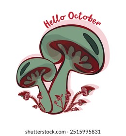 Hello October. Hello autumn. Template with colorful mushrooms and modern hand lettering. Sketch, design elements. Vector illustration suitable for card, banner, poster