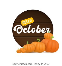 Hello October banner with pumpkins and wooden board with text isolated on transparent background. Hello october poster, flyer, card design template with pumpkins seeds