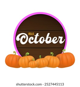 Hello October banner with pumpkins and wooden board with text isolated on transparent background. Hello october poster, flyer, card design template with pumpkins seeds