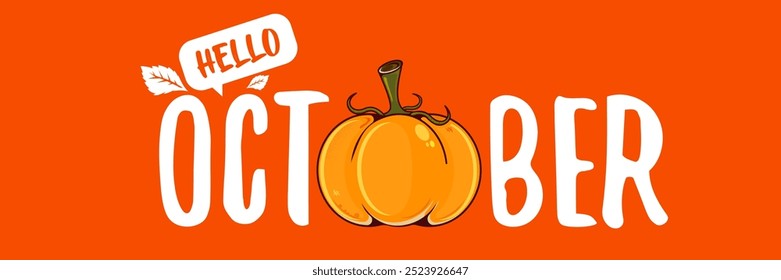 Hola Anuncio de octubre con texto y calabaza aislados sobre fondo naranja. Etiqueta engomada de octubre, etiqueta, Anuncio, Plantilla del diseño del cartel