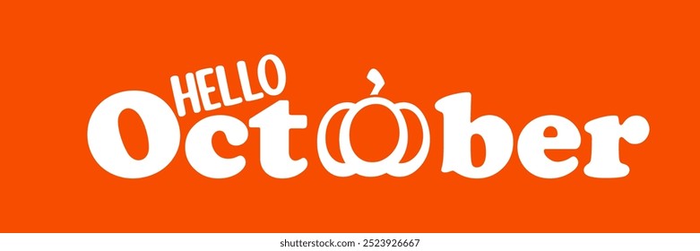 Hello October banner with text and pumpkin isolated on orange background. Hello October sticker, label, banner, poster design template