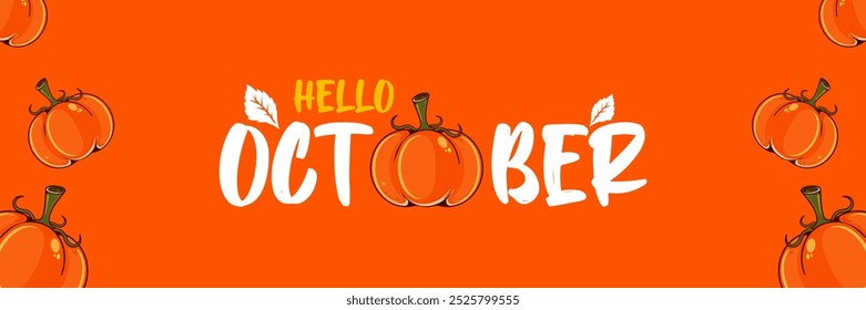 Hello October banner with text and pumpkins isolated on autumn orange background. Hello October sticker, label, autumn banner, poster design template