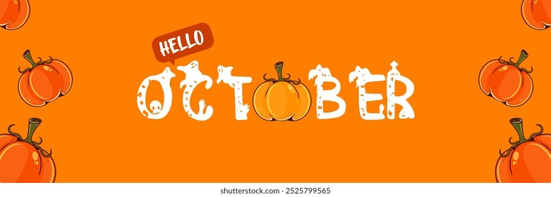 Hello October banner with text and pumpkins isolated on autumn orange background. Hello October sticker, label, autumn banner, poster design template