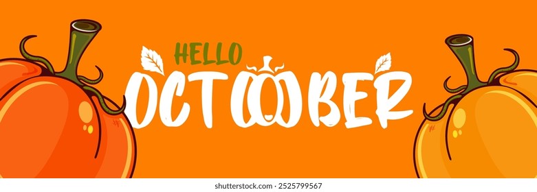 Hello October banner with text and pumpkins isolated on autumn orange background. Hello October sticker, label, autumn banner, poster design template