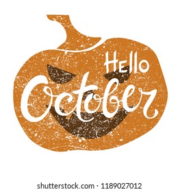Hello October brush lettering composition with with jack-o-lantern silhouette pumpkin. Hand-written calligraphy design. Autumn month - vector illustration. Fall season greeting card, poster, banner
