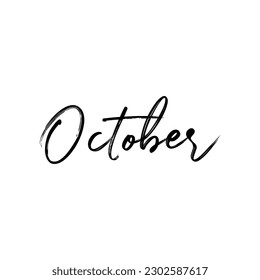 Hola caligrafía de octubre. Hand dibujó la frase de octubre. Caligrafía de pincel moderno manuscrita. ilustración vectorial para calendario anual, afiche, tarjeta, banner, invitaciones. Caligrafía moderna de pincel.
