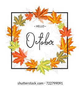Hello October calligraphy inscription. Autumn banner template.Vector illustration.