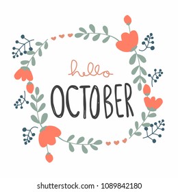 Hello October cute flower wreath vector illustration doodle style