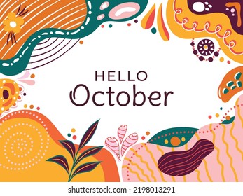 Hello October Floral Abstract Typography Social media post vector Illustration. Memphis pattern design horizontal background. Greeting card, promotion, website, template frame digital graphic resource