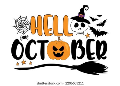 Hello October - Halloween typography design. Skull, spider and Jack O lantern and broom. 