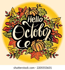 Hello October hand lettering. Greeting card concept.