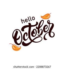 Hello October handwritten text on white background. Colorful vector illustration. Modern brush ink calligraphy and oak leaf. Hand lettering typography for postcard, logo, poster, print, t-shirt design