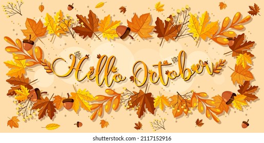 Hello October logo with ornamental autumn leaf illustration