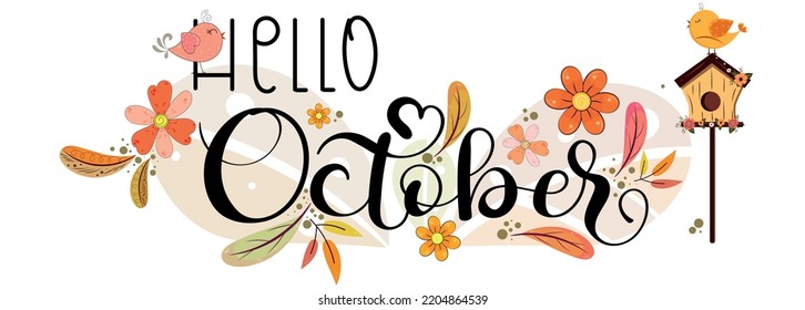 Hello October. OCTOBER month calendar vector with flowers, birds and leaves. Decoration letters floral. Illustration October 