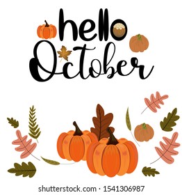  Hello October month vector with flowers and leaves. Decoration floral. Illustration month October