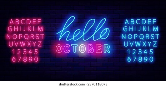 Hello October neon signboard. Colorful handwritten text. Season autumn greeting card. Shiny blue and pink alphabet. Light design. Editing text. Vector stock illustration