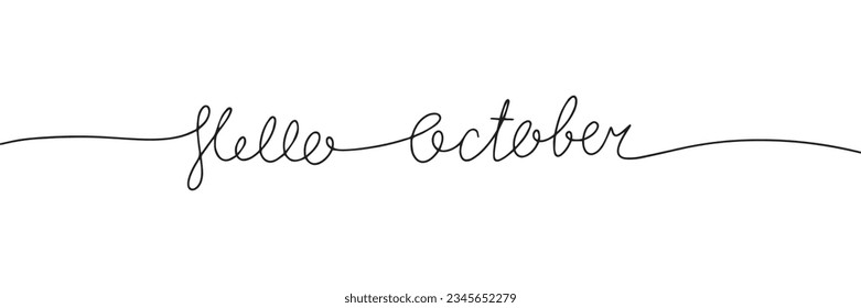 Hello October one line continuous text. Line art Autumn banner concept. Handwriting, outline vector illustration.