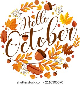 Hello October with ornate of autumn leaves frame illustration